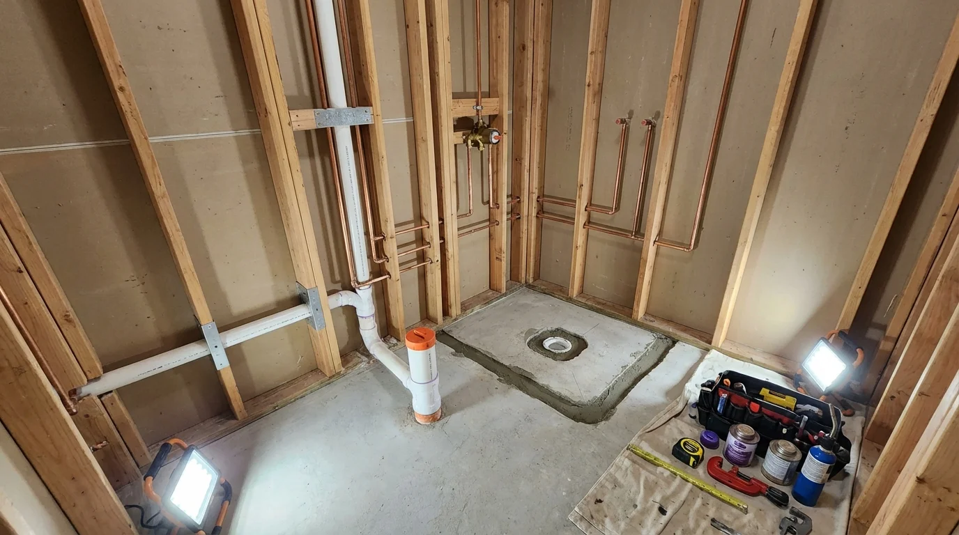 Bathroom rough-in plumbing during remodel by Johns Plumbing LLC in Yoakum