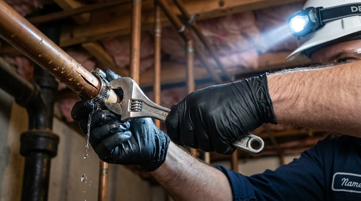 Emergency pipe clamp repair being performed by a Johns Plumbing LLC plumber in Yoakum