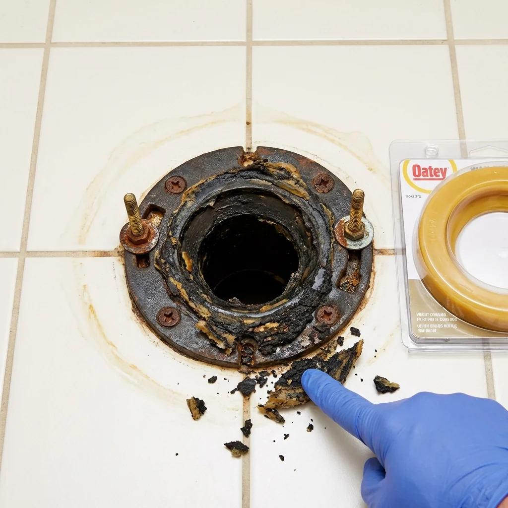 Failed wax ring showing water seepage at the base of a toilet in a Yoakum, TX home